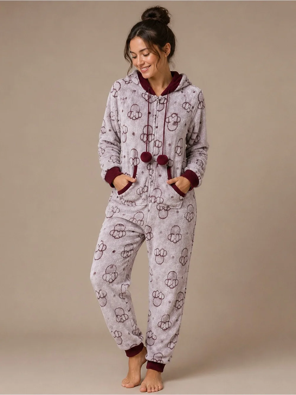 Disney Plush Fleece Hooded One-Piece Pajama Jumpsuit Pom Pom Zip Burgundy Gray L